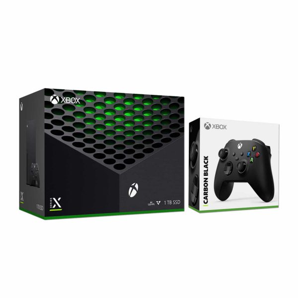 xbox series x with two black controllers